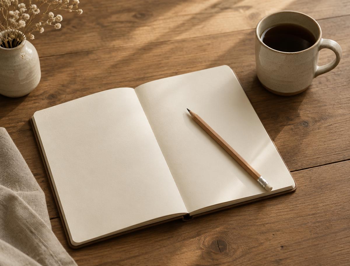 Un carnet ouvert et un crayon à côté d'une tasse de café